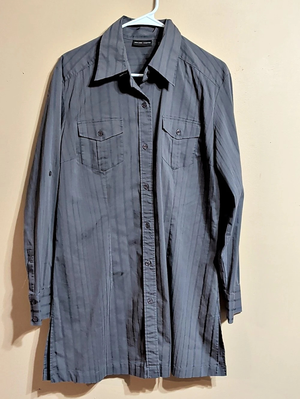 New York & Company Grey Striped Button-Down Shirt Dress XL - Picture 2 of 6